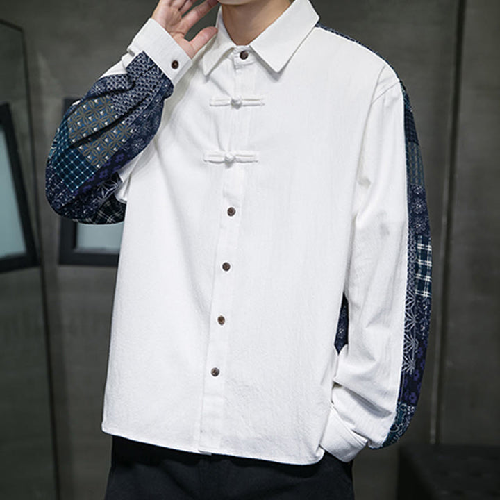 Camisa de manga larga de algodón con estampado floral y costuras de Buddha Stones para hombre - image 15