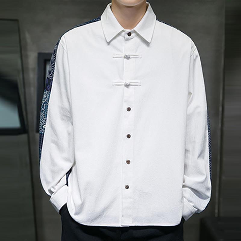 Camisa de manga larga de algodón con estampado floral y costuras de Buddha Stones para hombre - image 12