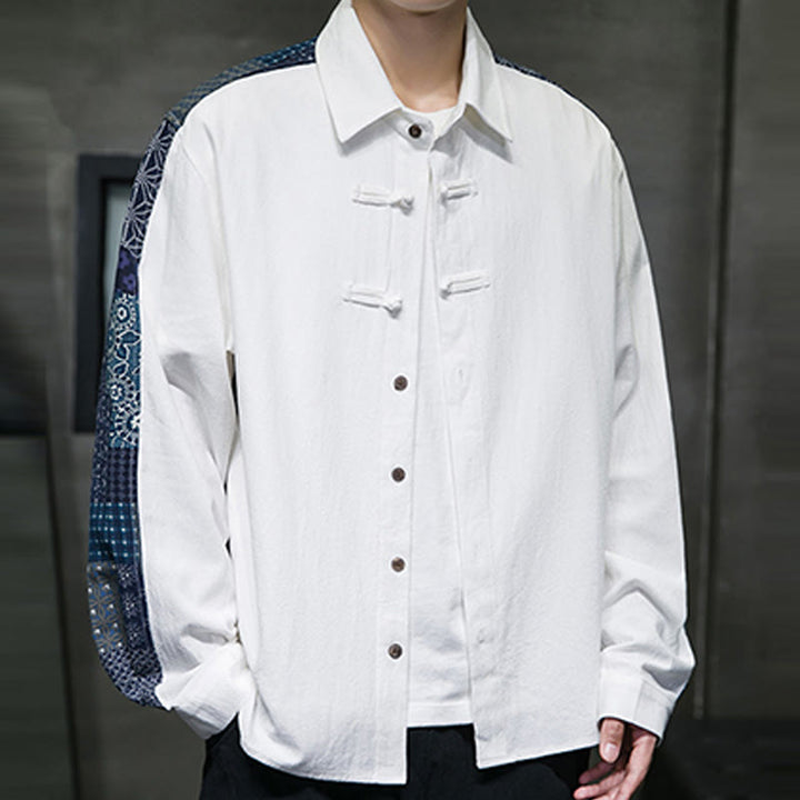 Camisa de manga larga de algodón con estampado floral y costuras de Buddha Stones para hombre - image 13