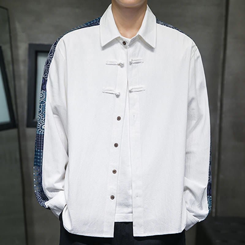 Camisa de manga larga de algodón con estampado floral y costuras de Buddha Stones para hombre - Blanco - US/UK/AU50, UE60 (5XL) - image 8