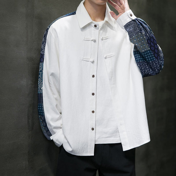 Camisa de manga larga de algodón con estampado floral y costuras de Buddha Stones para hombre - image 14