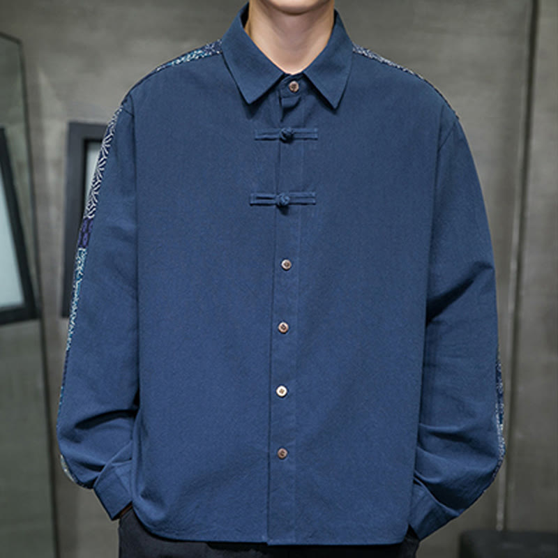 Camisa de manga larga de algodón con estampado floral y costuras de Buddha Stones para hombre - image 17