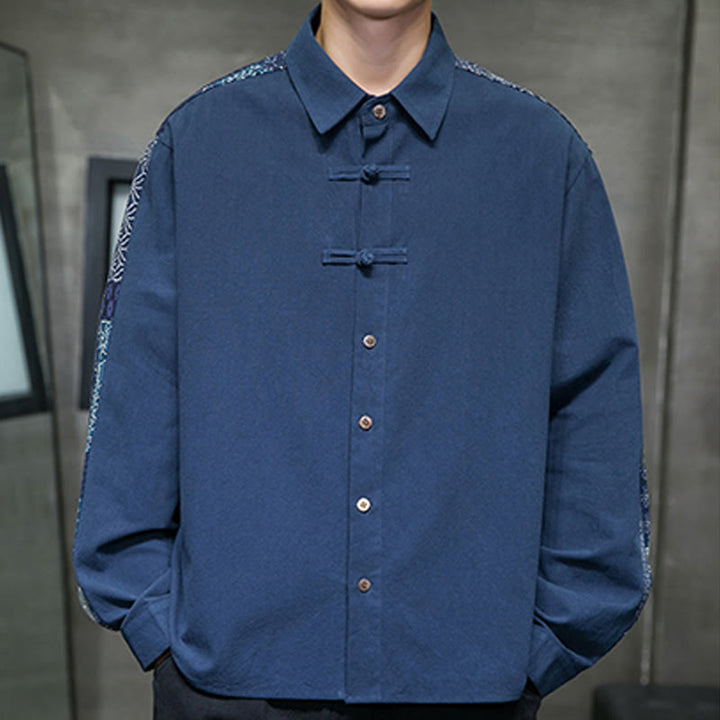 Camisa de manga larga de algodón con estampado floral y costuras de Buddha Stones para hombre - image 17