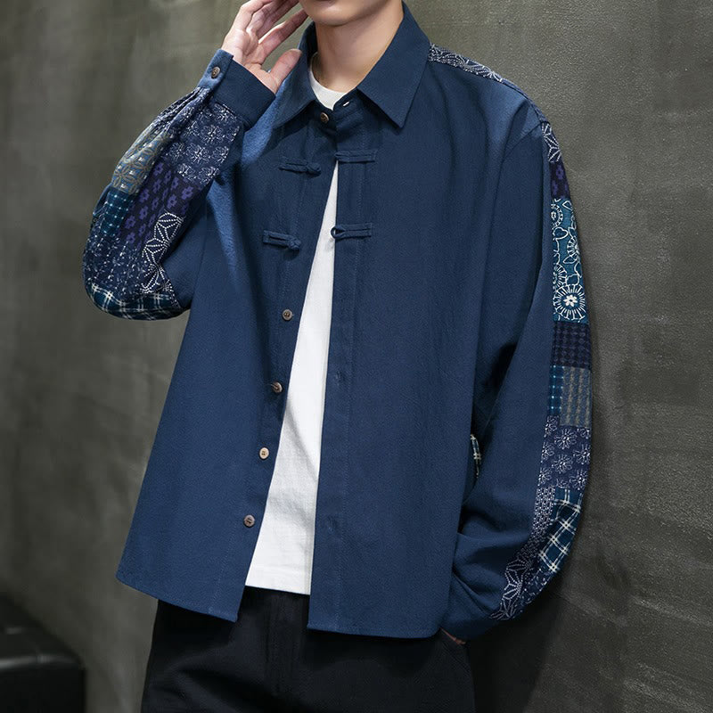 Camisa de manga larga de algodón con estampado floral y costuras de Buddha Stones para hombre - image 20