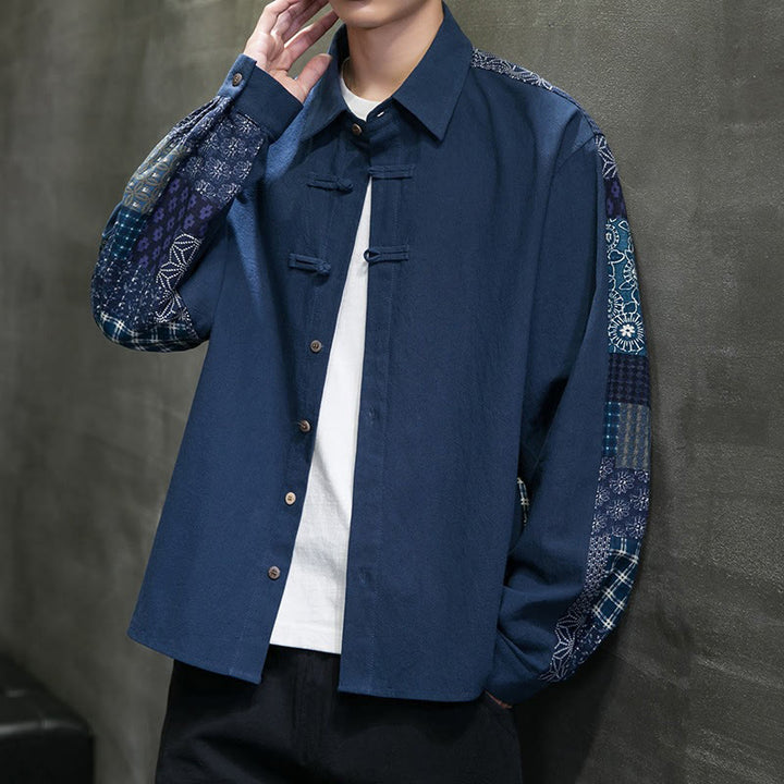 Camisa de manga larga de algodón con estampado floral y costuras de Buddha Stones para hombre - image 20