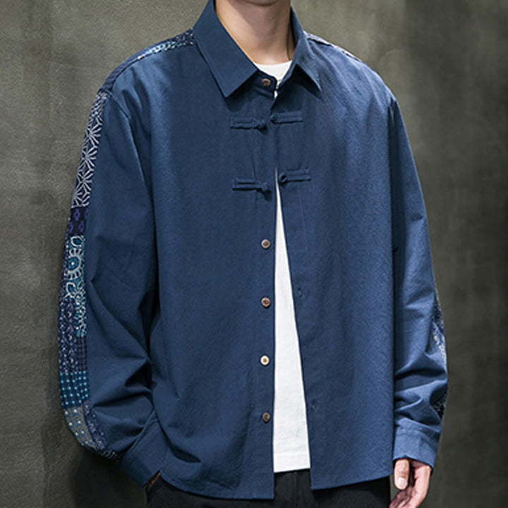 Camisa de manga larga de algodón con estampado floral y costuras de Buddha Stones para hombre - image 19