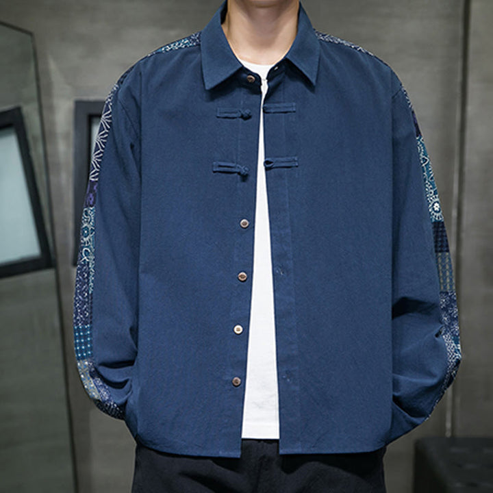 Camisa de manga larga de algodón con estampado floral y costuras de Buddha Stones para hombre - Azul acero - US/UK/AU50, UE60 (5XL) - image 16