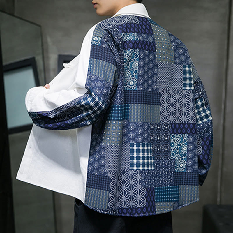 Camisa de manga larga de algodón con estampado floral y costuras de Buddha Stones para hombre - image 10