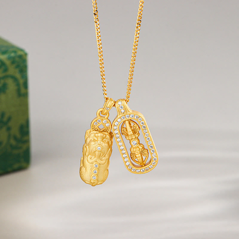 Colgante de plata de ley 925 con Buddha Stones y mini PiXiu Dorje Vajra Wealth - Dorado - Pixiu Vajra - image 1
