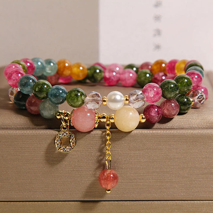 Pulsera de doble vuelta con Buddha Stones, turmalina, jade morado, aguamarina, jade y moneda de cobre. - Turmalina (circunferencia de la muñeca: 14-15 cm) - image 1