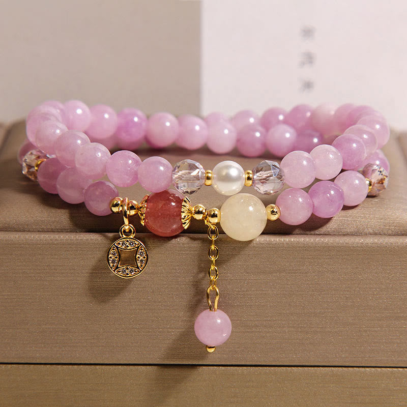 Pulsera de doble vuelta con Buddha Stones, turmalina, jade morado, aguamarina, jade y moneda de cobre. - Jade púrpura (circunferencia de la muñeca: 14-15 cm) - image 5