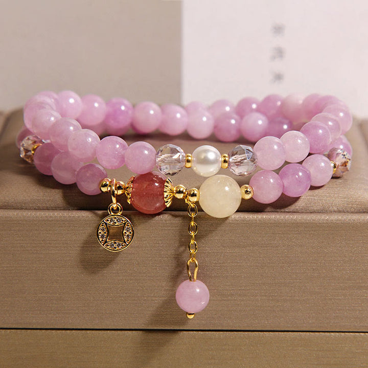Pulsera de doble vuelta con Buddha Stones, turmalina, jade morado, aguamarina, jade y moneda de cobre. - Jade púrpura (circunferencia de la muñeca: 14-15 cm) - image 5