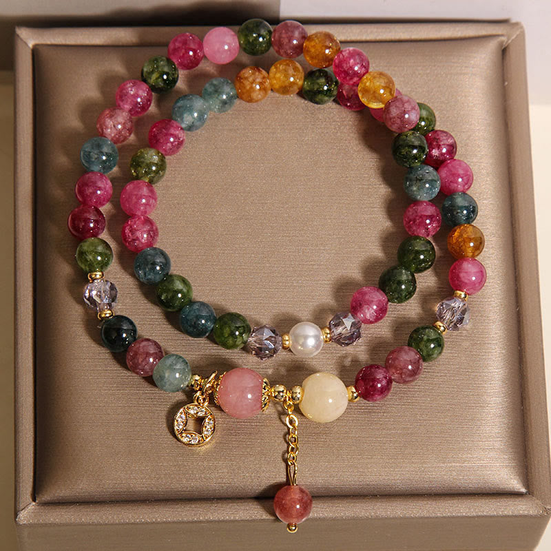 Pulsera de doble vuelta con Buddha Stones, turmalina, jade morado, aguamarina, jade y moneda de cobre. - image 2