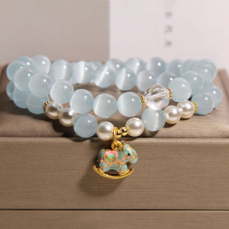 Pulsera de doble vuelta con dije de caballo de Troya y ojo de gato azul de Buddha Stones - Ojo de gato (circunferencia de la muñeca 14-15 cm) - image 1