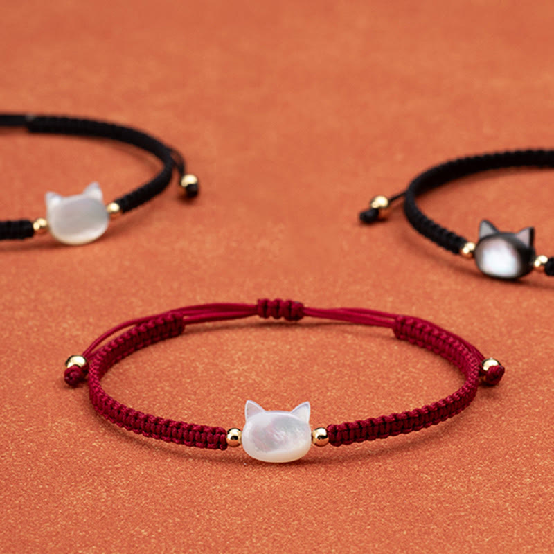 Pulsera de hilo rojo con cabeza de gato sin rostro y Buddha Stones - Gato negro de cuerda negra - image 1