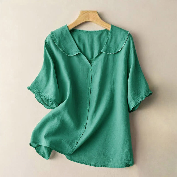 Camisa informal de mujer con cuello alto, manga corta y botones lisos de Buddha Stones - Verdemar - US12, UK/AU16, EU44 (2XL) - image 0