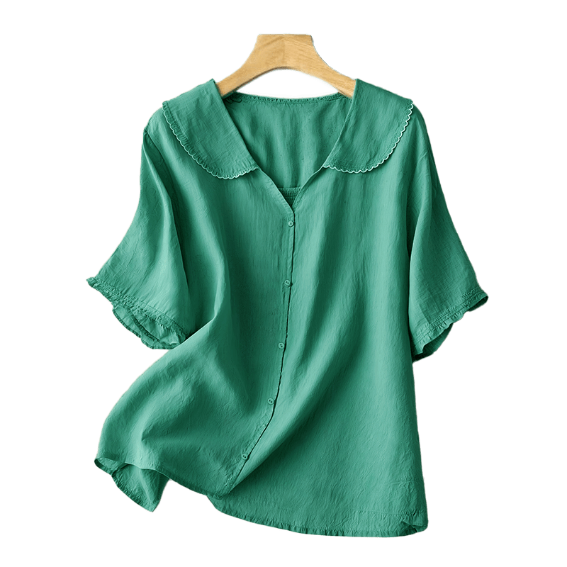 Camisa informal de mujer con cuello alto, manga corta y botones lisos de Buddha Stones - image 3