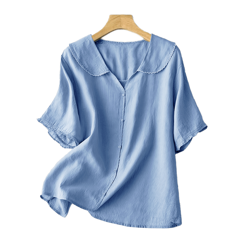 Camisa informal de mujer con cuello alto, manga corta y botones lisos de Buddha Stones - image 13