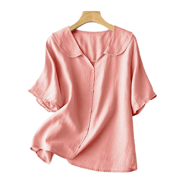 Camisa informal de mujer con cuello alto, manga corta y botones lisos de Buddha Stones - image 27