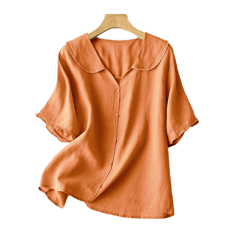 Camisa informal de mujer con cuello alto, manga corta y botones lisos de Buddha Stones - image 10