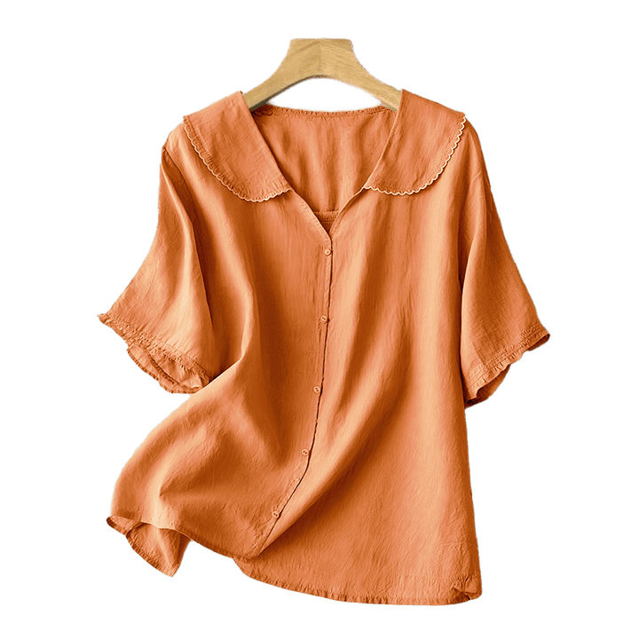 Camisa informal de mujer con cuello alto, manga corta y botones lisos de Buddha Stones - image 10