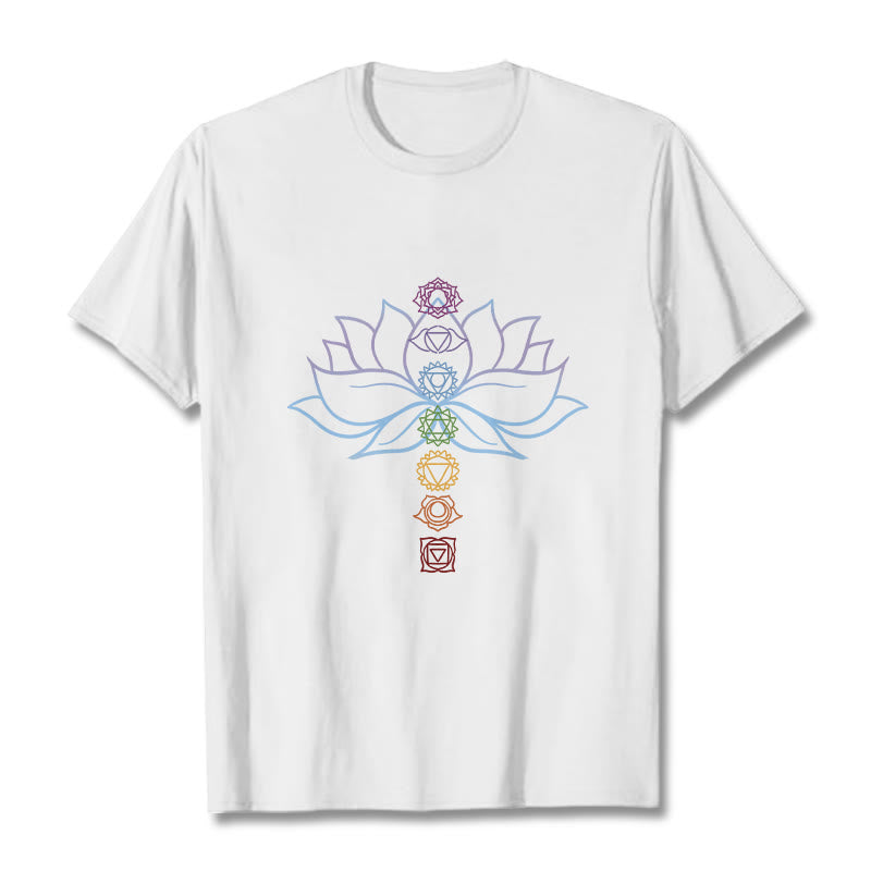 Camiseta de algodón con Buddha Stones, tonos pastel, flor de loto, símbolos de los chakras y meditación. - Blanco - 2XL - image 0