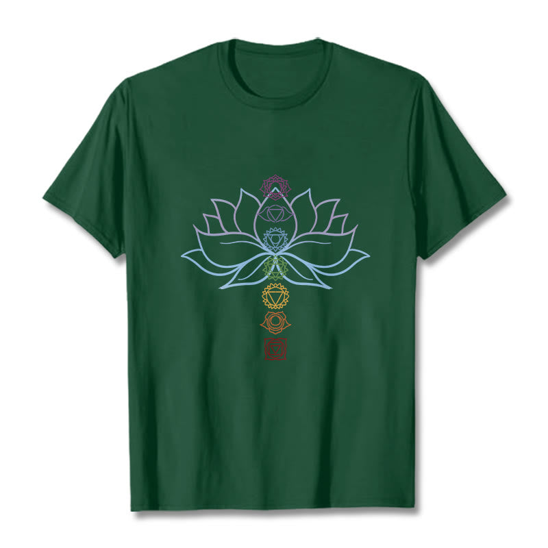 Camiseta de algodón con Buddha Stones, tonos pastel, flor de loto, símbolos de los chakras y meditación. - Verde bosque - 2XL - image 10