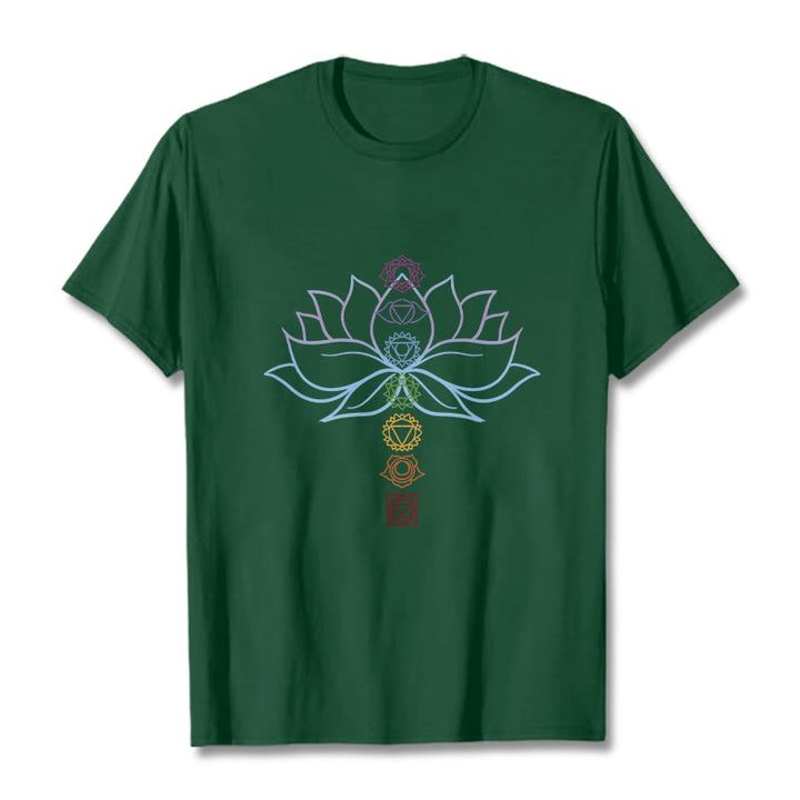 Camiseta de algodón con Buddha Stones, tonos pastel, flor de loto, símbolos de los chakras y meditación. - Verde bosque - 2XL - image 10