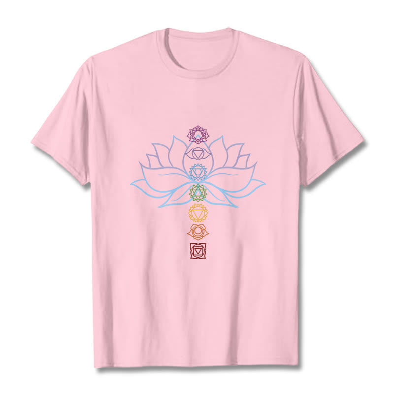 Camiseta de algodón con Buddha Stones, tonos pastel, flor de loto, símbolos de los chakras y meditación. - Rosa claro - 2XL - image 12