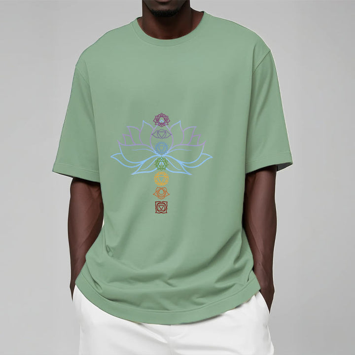 Camiseta de algodón con Buddha Stones, tonos pastel, flor de loto, símbolos de los chakras y meditación. - image 15