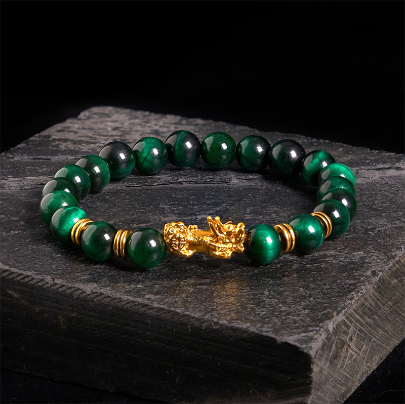 Pulsera de Pixiu con cuentas espaciadoras de ojo de tigre de varios colores y Buddha Stones, riqueza y coraje. - Ojo de tigre verde (circunferencia de la muñeca: 17-19 cm) - image 1