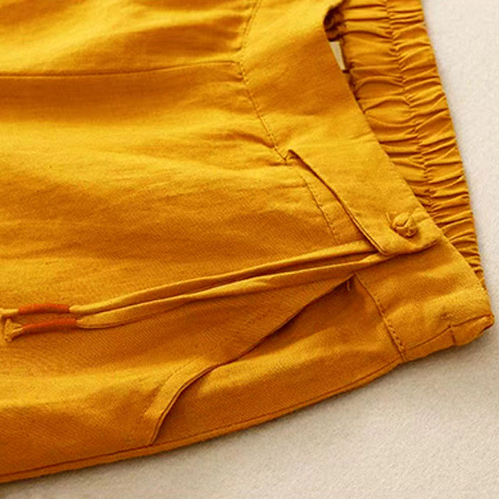 Pantalones capri de mujer de color liso con un botón y pernera ancha, con bolsillos, estampado Buddha Stones. - image 3
