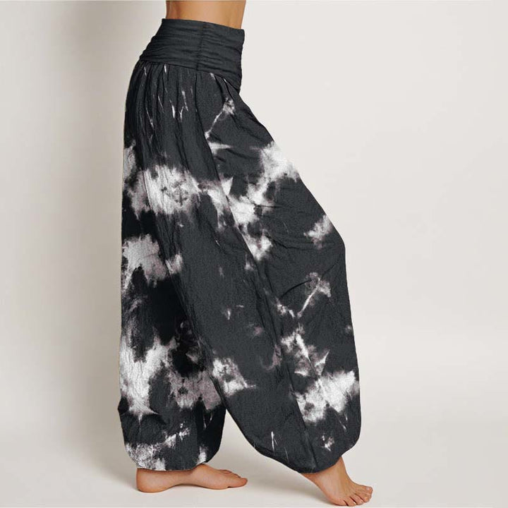 Pantalones Buddha Stones de algodón puro con estampado tie-dye de líneas blancas y lunares para mujer, con cintura elástica - image 1