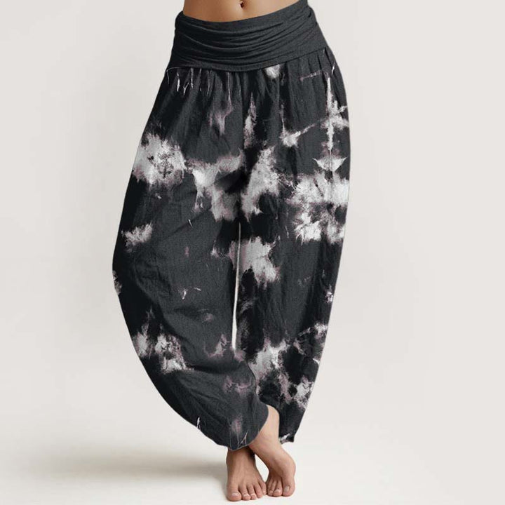 Pantalones Buddha Stones de algodón puro con estampado tie-dye de líneas blancas y lunares para mujer, con cintura elástica - Negro - US22，UK/AU26，EU54 (6XL) - image 0