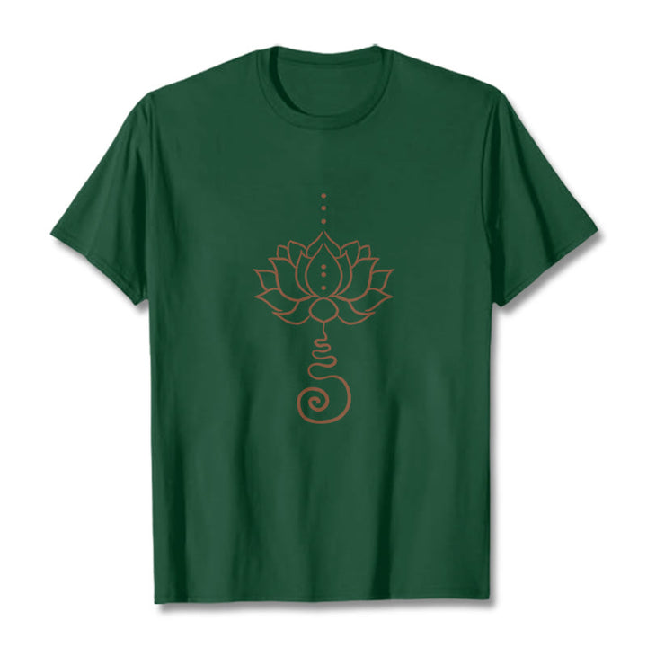 Camiseta de algodón con diseño casual de loto y Buddha Stones - Verde bosque - 2XL - image 11
