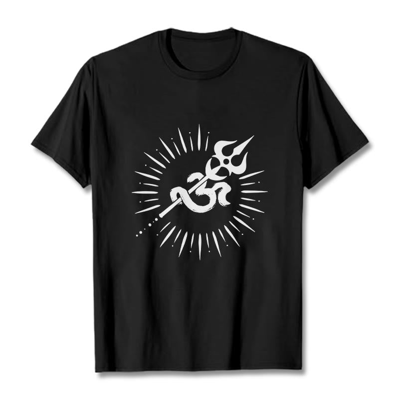 Camiseta informal de algodón con símbolo Om, tridente y líneas radiantes de Buddha Stones - Negro - 2XL - image 1