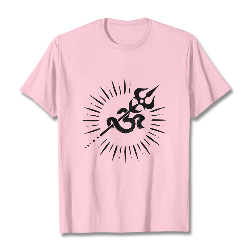 Camiseta informal de algodón con símbolo Om, tridente y líneas radiantes de Buddha Stones - Rosa claro - 2XL - image 13
