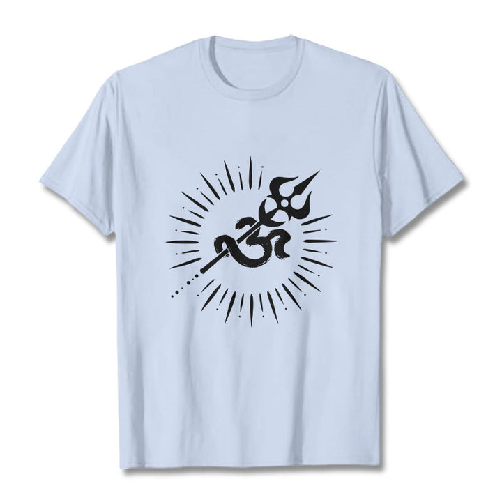 Camiseta informal de algodón con símbolo Om, tridente y líneas radiantes de Buddha Stones - Cian claro - 2XL - image 19