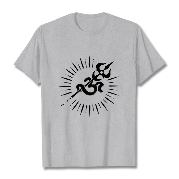 Camiseta informal de algodón con símbolo Om, tridente y líneas radiantes de Buddha Stones - Gris claro - 2XL - image 20