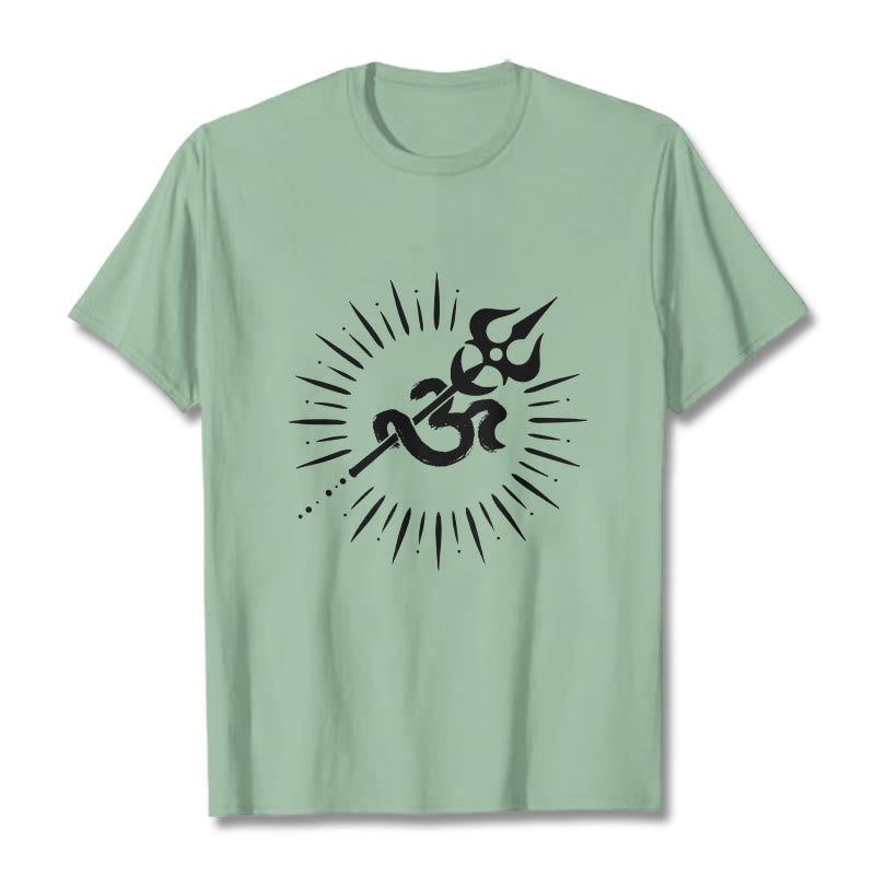 Camiseta informal de algodón con símbolo Om, tridente y líneas radiantes de Buddha Stones - Verde pálido - 2XL - image 15