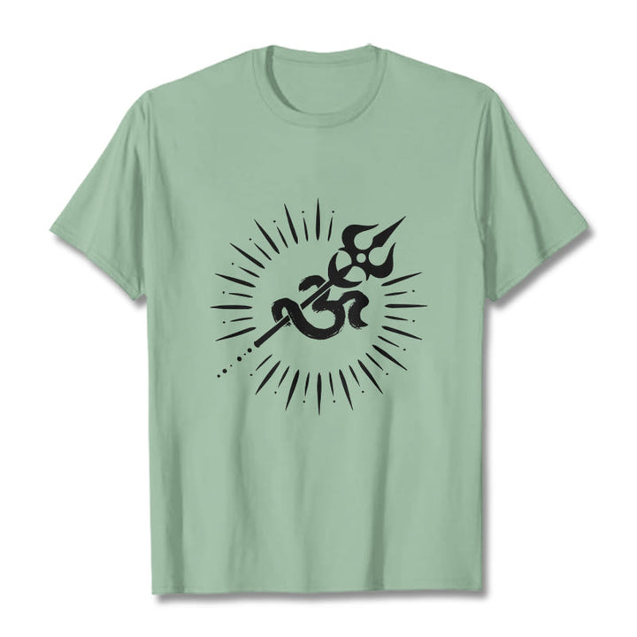 Camiseta informal de algodón con símbolo Om, tridente y líneas radiantes de Buddha Stones - Verde pálido - 2XL - image 15