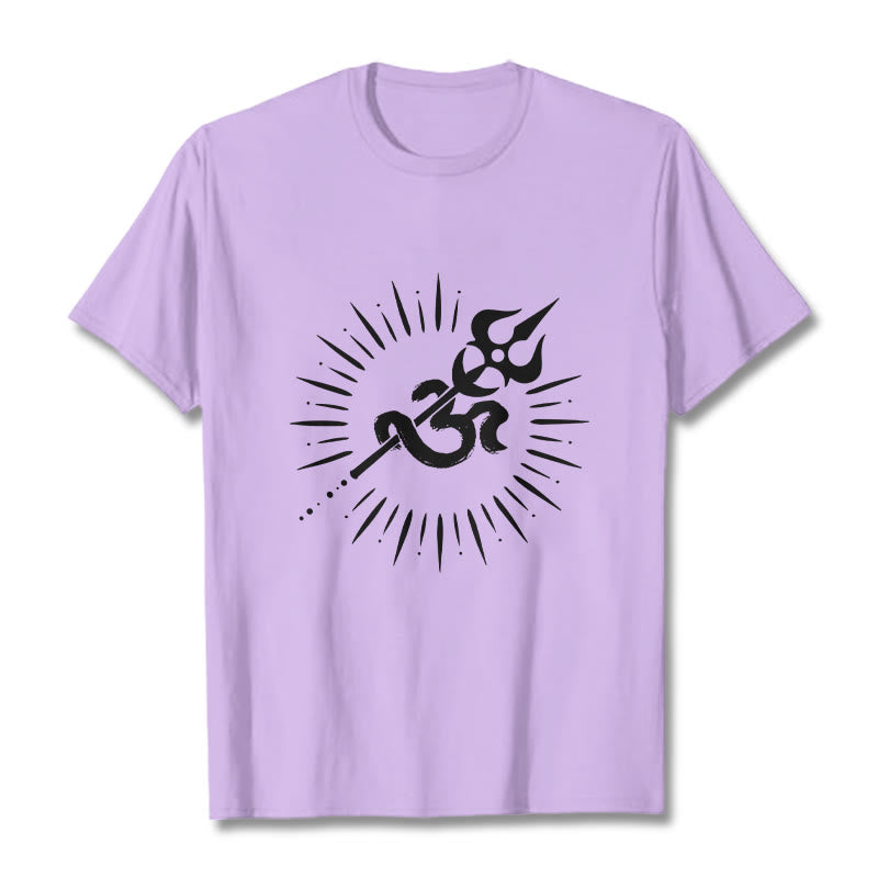 Camiseta informal de algodón con símbolo Om, tridente y líneas radiantes de Buddha Stones - Ciruela - 2XL - image 17