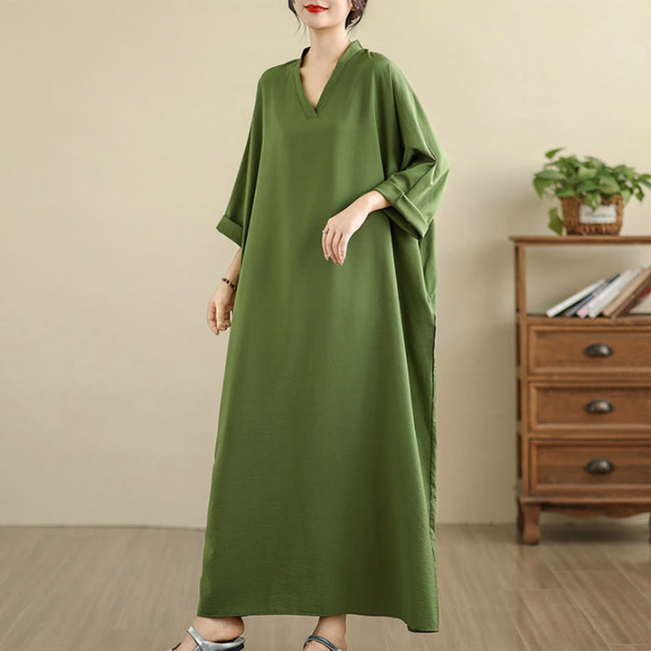 Vestido largo de lino y algodón de manga larga, estilo retro, informal, de color liso, con bolsillos y estampado de Buddha Stones - image 6