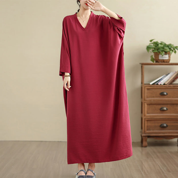 Vestido largo de lino y algodón de manga larga, estilo retro, informal, de color liso, con bolsillos y estampado de Buddha Stones - Carmesí - US4-12, UK/AU8-18, UE36-46(F) - image 31