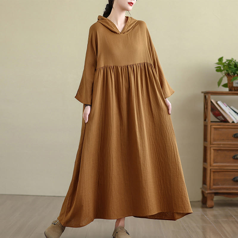 Vestido midi de lino y algodón de manga larga con capucha y bolsillos de Buddha Stones Fall - Vara de oro oscura - US4-8/10, UK/AU8-12/14, UE36-40/42(F) - image 0