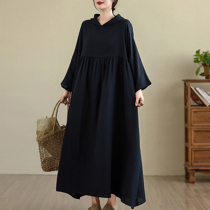 Vestido midi de lino y algodón de manga larga con capucha y bolsillos de Buddha Stones Fall - image 13