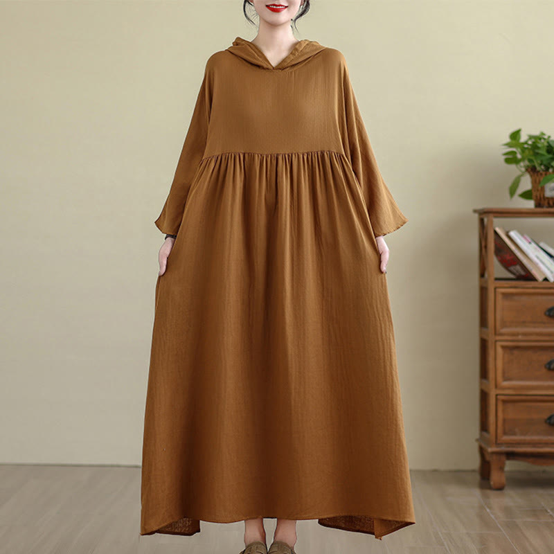 Vestido midi de lino y algodón de manga larga con capucha y bolsillos de Buddha Stones Fall - image 5
