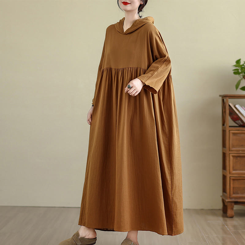 Vestido midi de lino y algodón de manga larga con capucha y bolsillos de Buddha Stones Fall - image 4