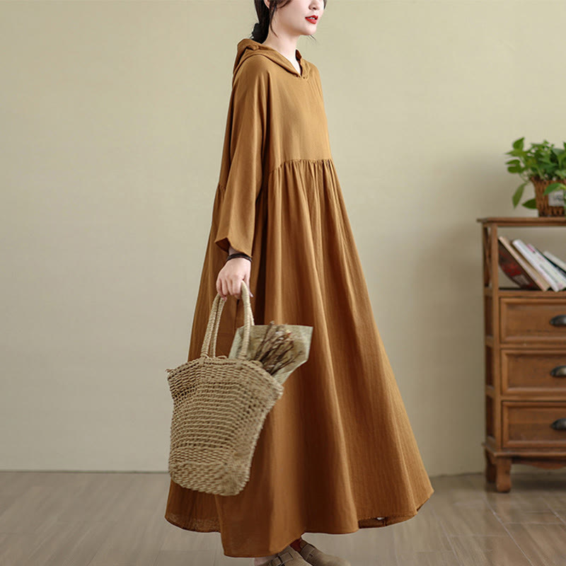 Vestido midi de lino y algodón de manga larga con capucha y bolsillos de Buddha Stones Fall - image 6