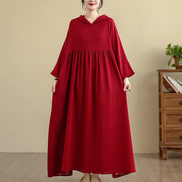 Vestido midi de lino y algodón de manga larga con capucha y bolsillos de Buddha Stones Fall - Rojo - US4-8/10, UK/AU8-12/14, UE36-40/42(F) - image 14